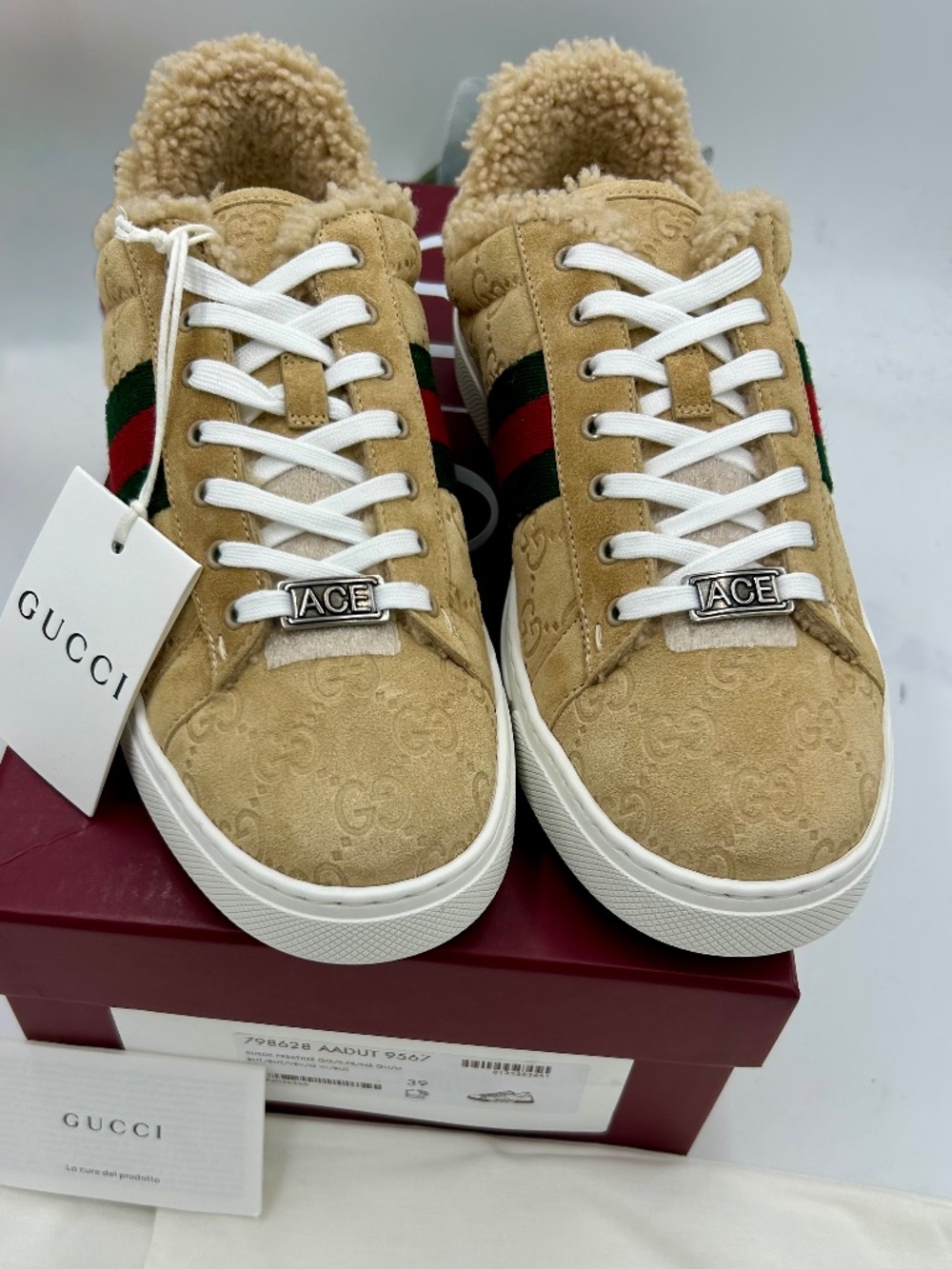 Women’s Gucci Ace Suede GG Monogram Low Top Sneakers. Size 39. Made in Italy.